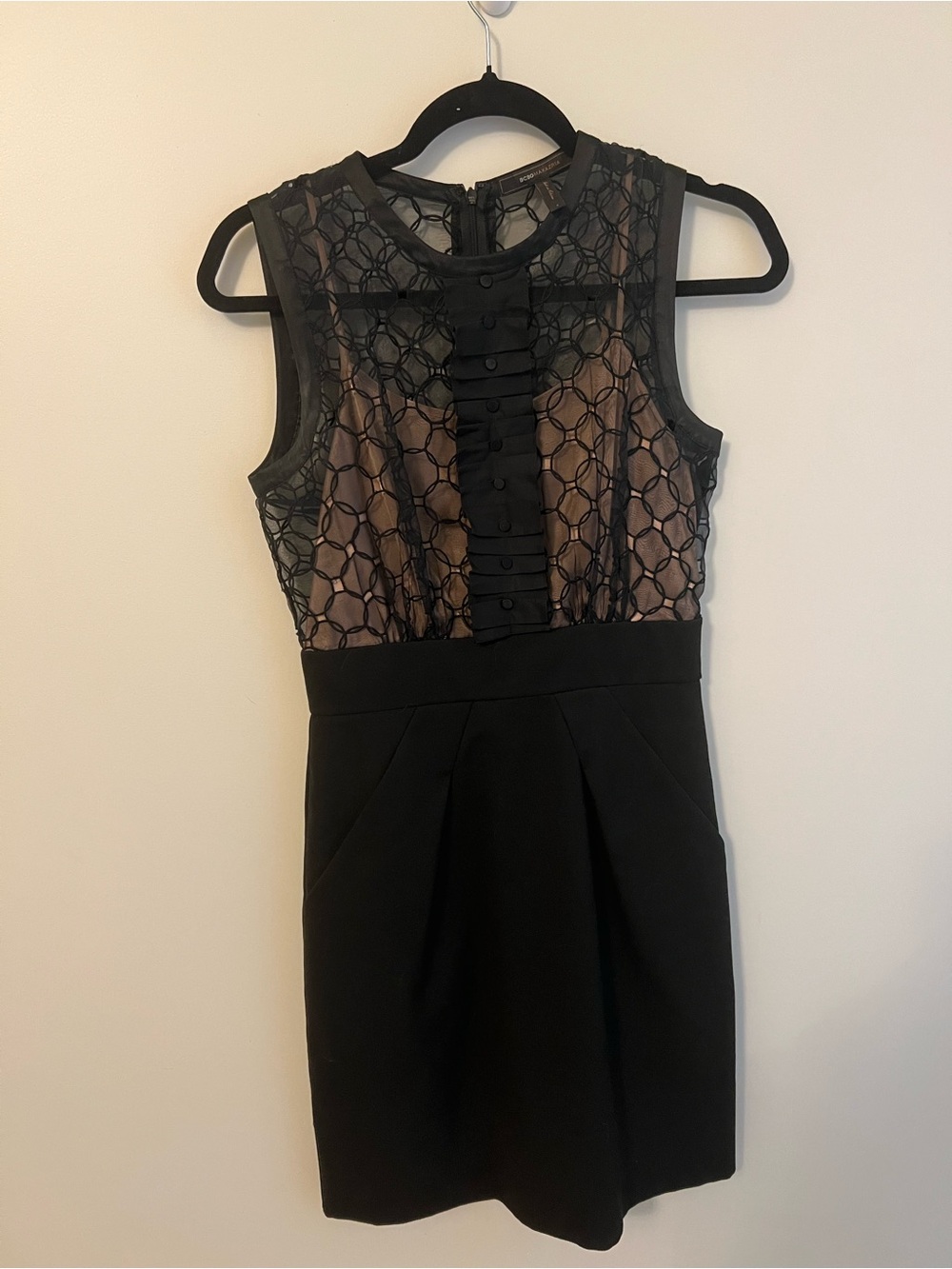 BCBGMaxAzria Black Lace-Overlay Sheath with Nude Lining